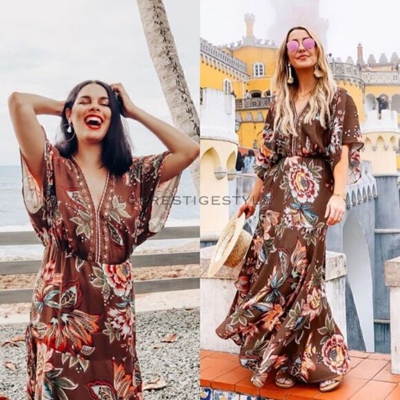 Farm Rio Anthropologie Valentina Dress In Brown Motif Size Extra Small NWT - Picture 11 of 15